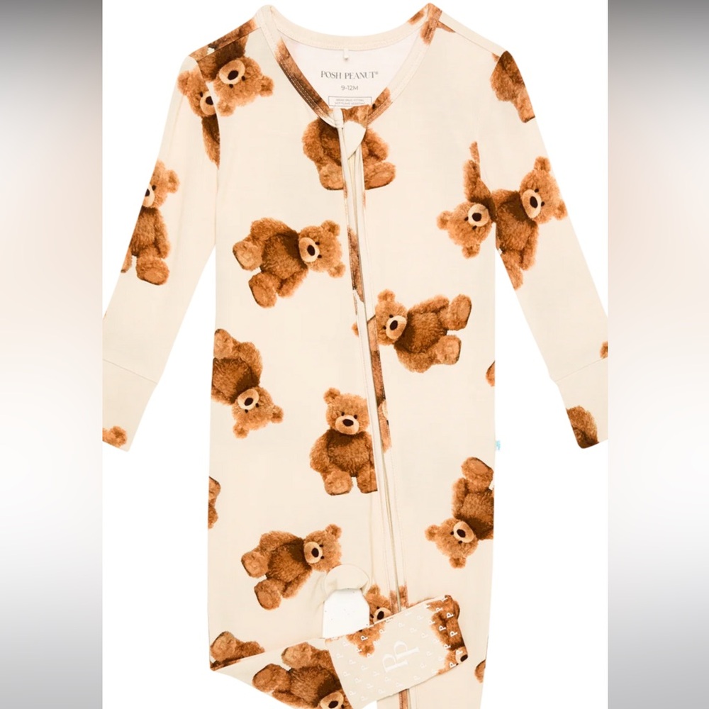 NWT Posh Peanut Freddy Teddy Bamboo Onesie with Brown Teddy Bear Print